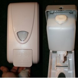 Foam Soap Dispenser bulk fill, white color with
                    gray push button holds 1500ml or 46 ounces 10803